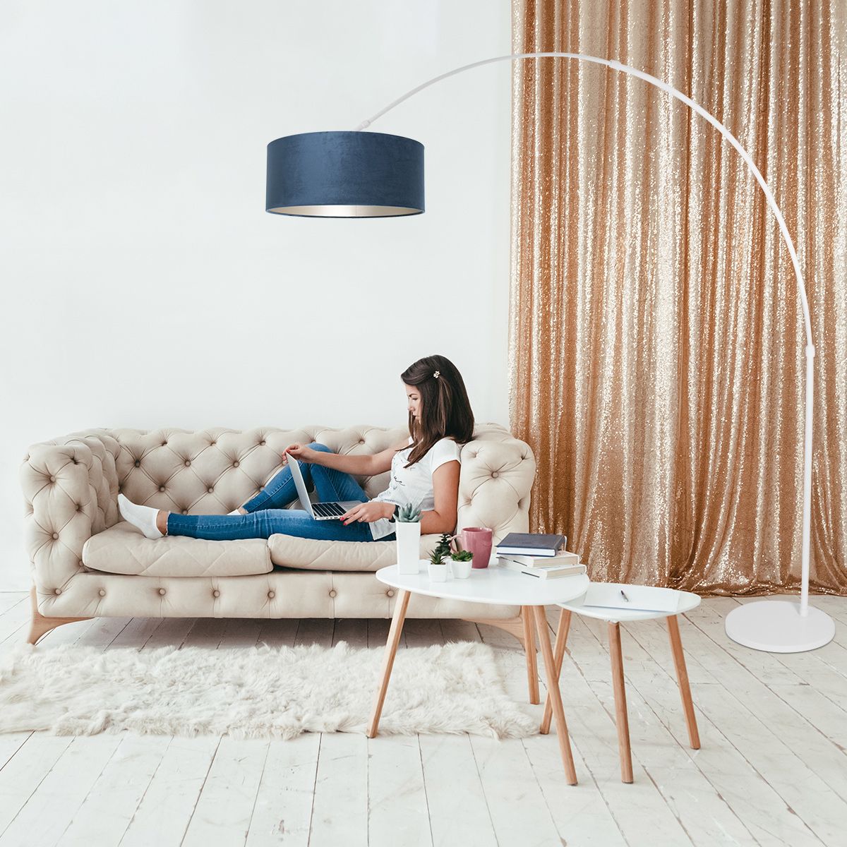 Vloerlamp Sparkled Light 7268W+K1066ZS Wit-Fluweel Blauw