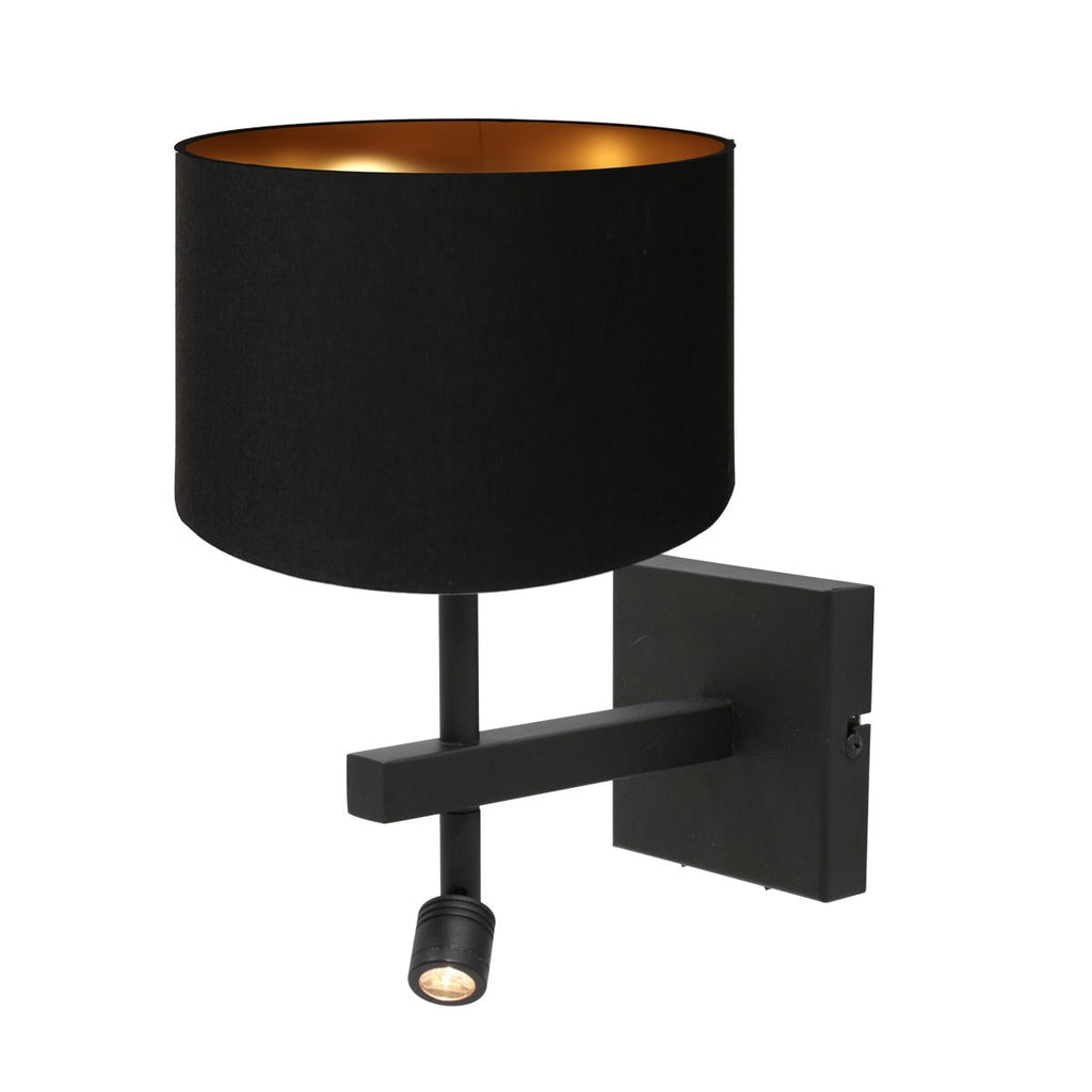 Wandlamp Stang 7193ZW Zwart + Kap Zwart Linnen