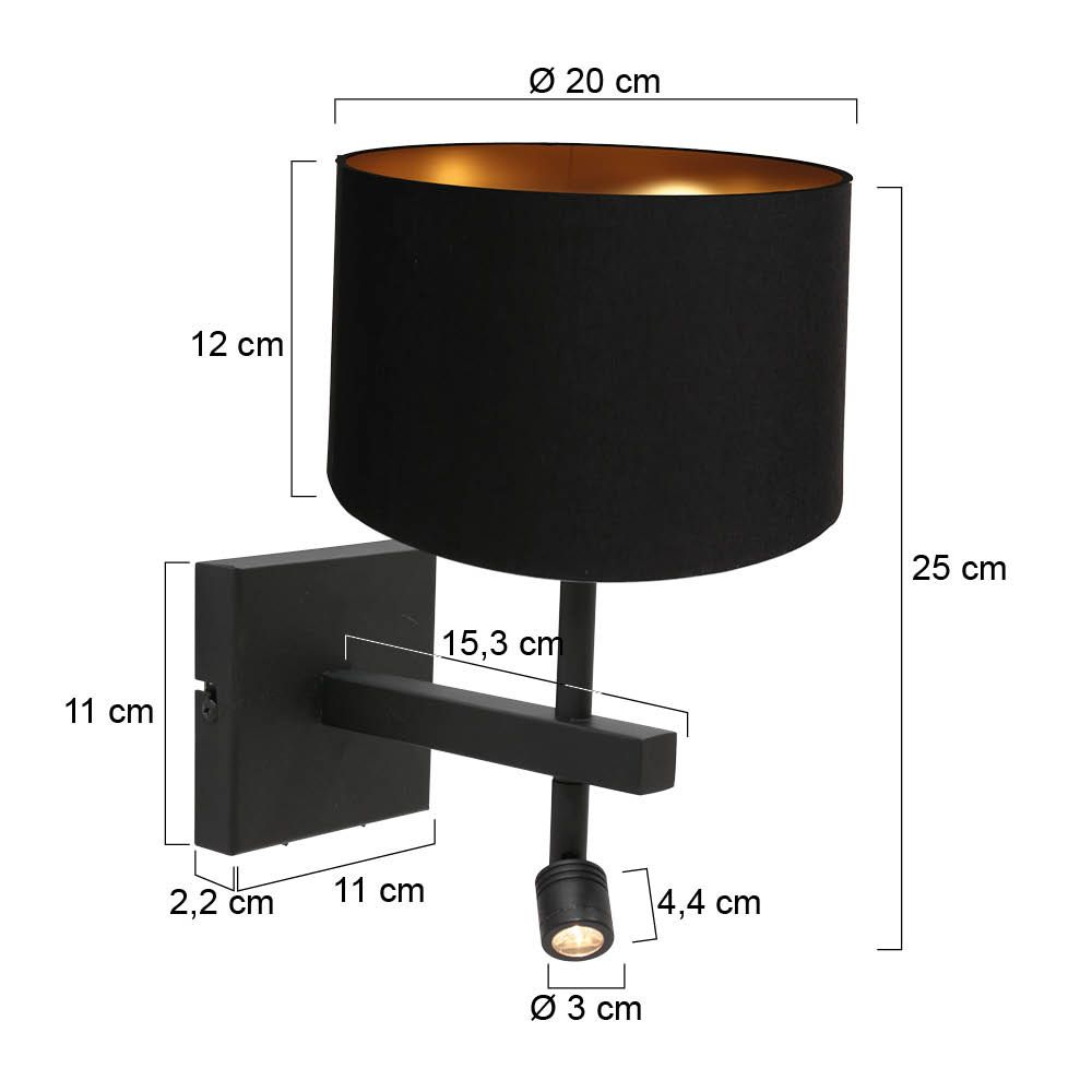 Wandlamp Stang 7193ZW Zwart + Kap Zwart Linnen
