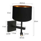 Wandlamp Stang 7193ZW Zwart + Kap Zwart Linnen