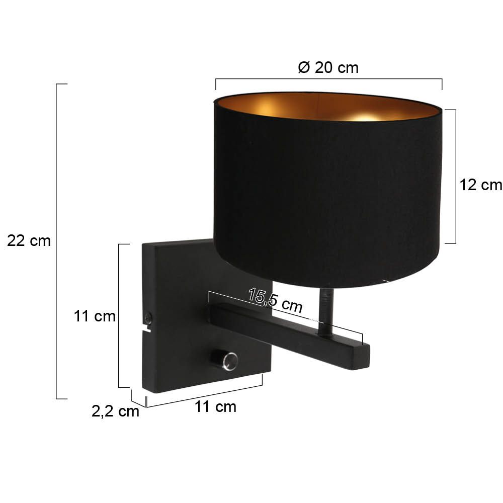 Wandlamp Stang 7200ZW Zwart + Kap Zwart Linnen