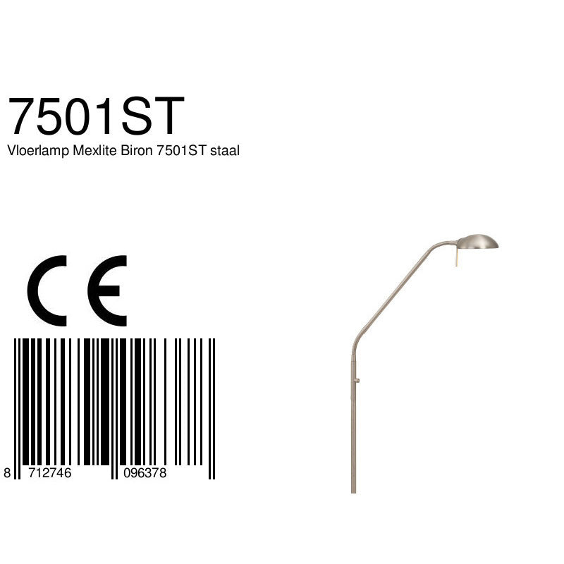 Vloerlamp Biron 1 lichts 7501ST Staal met dimmer 2700 Kelvin