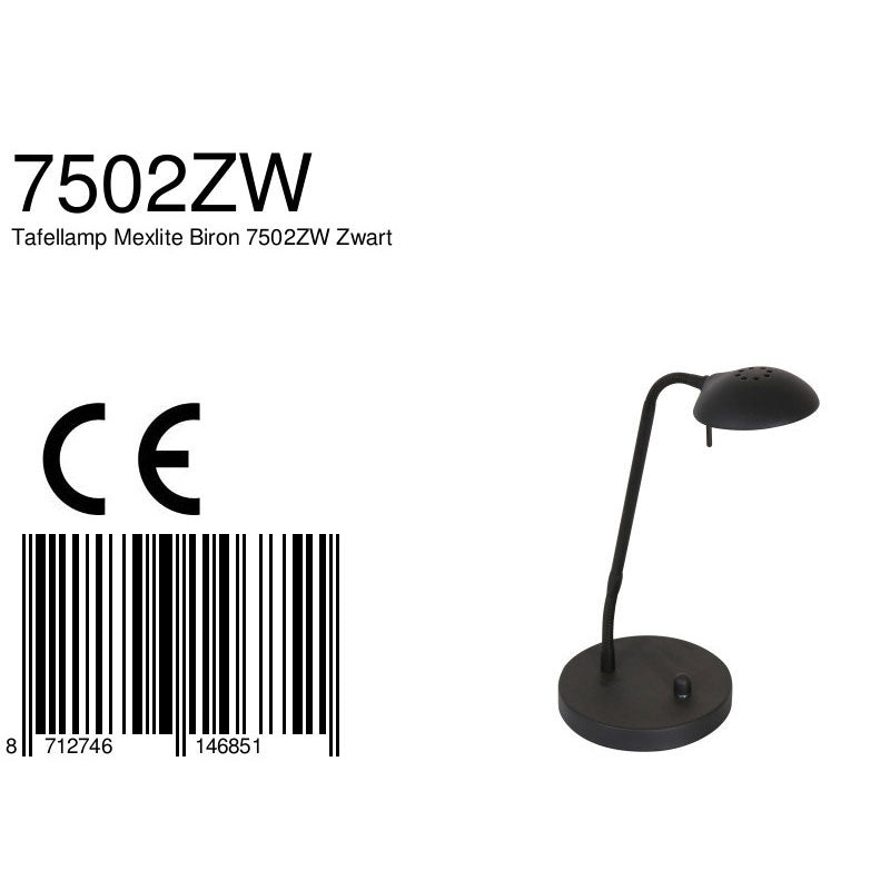 Zwarte tafellamp Biron 1 lichts 7502ZW met draai dimmer 2700 Kelvin