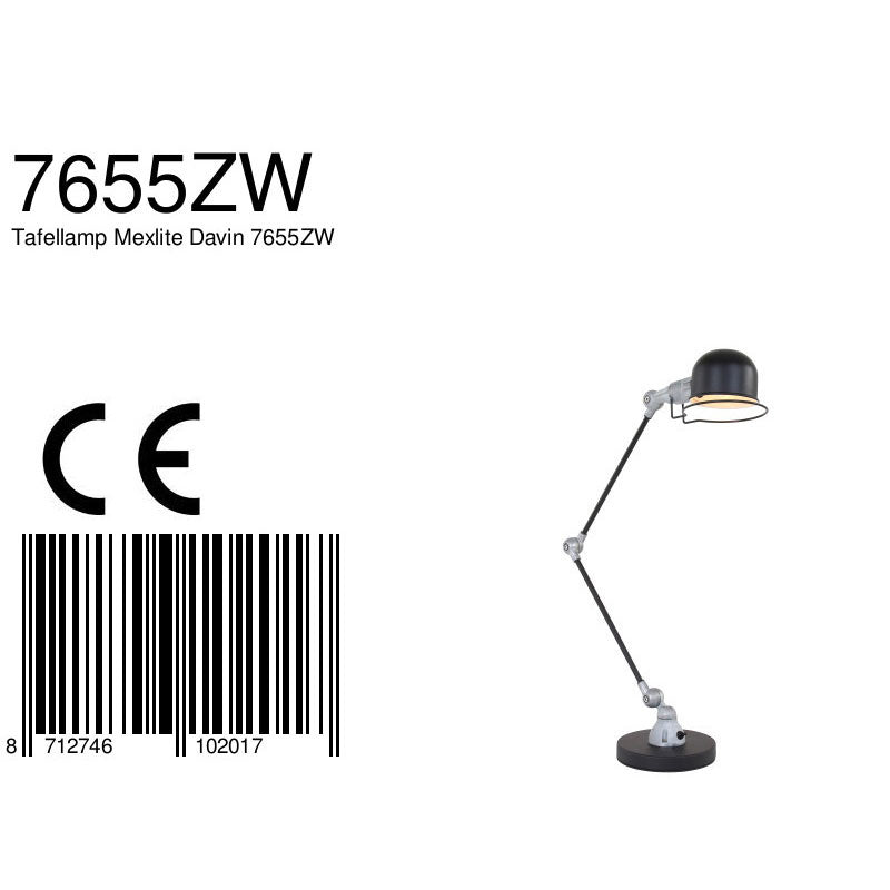 Tafellamp Davin 7655ZW Zwart met kleine fitting E14
