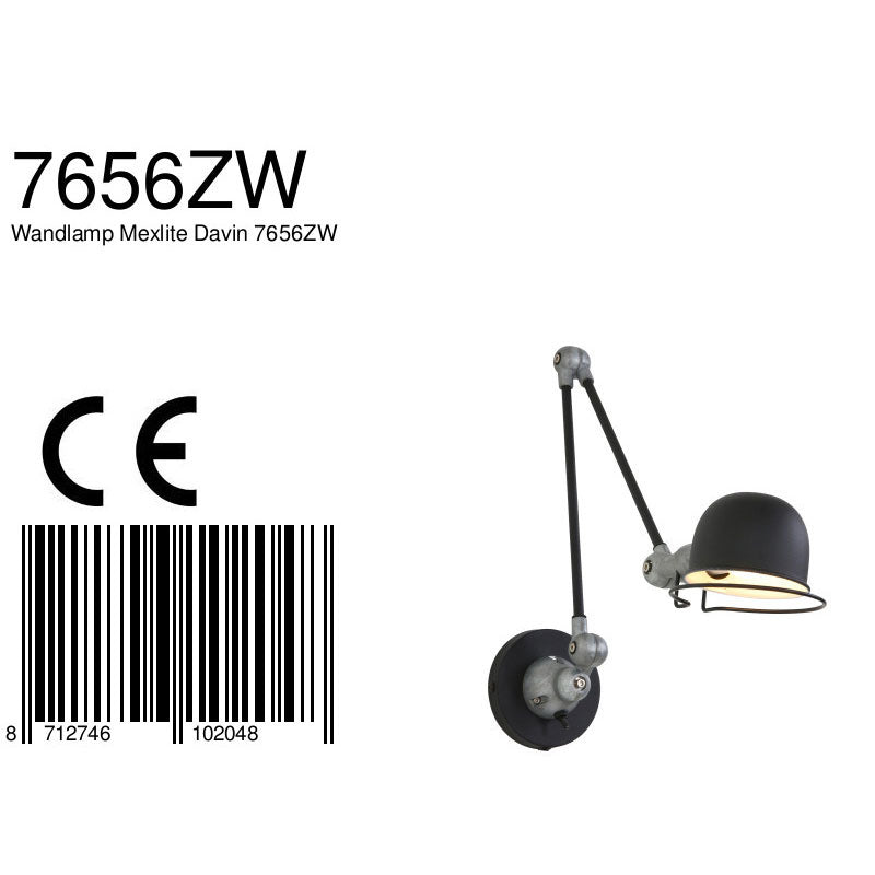 Wandlamp Davin 7656ZW Zwart met kleine fitting E14