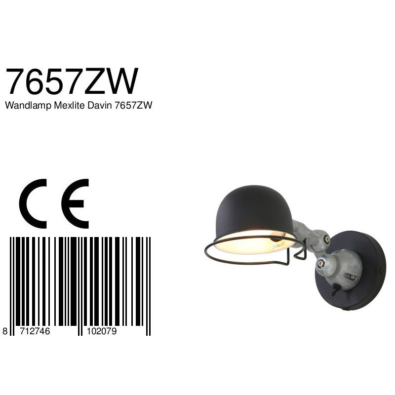 Wandlamp Davin 7657ZW Zwart met kleine fitting E14
