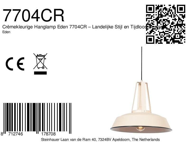 Crèmekleurige Hanglamp Eden 7704CR – Landelijke Stijl en Tijdloos Design
