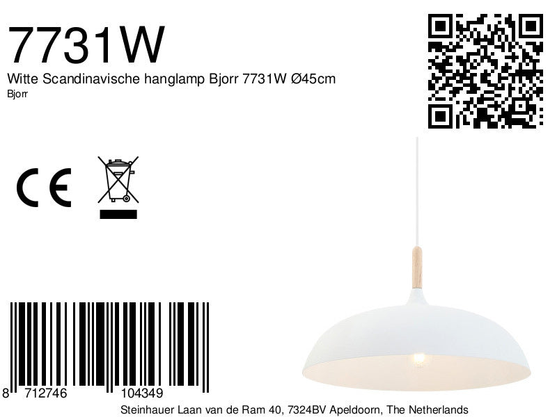 Witte Scandinavische hanglamp Bjorr 7731W Ø45cm