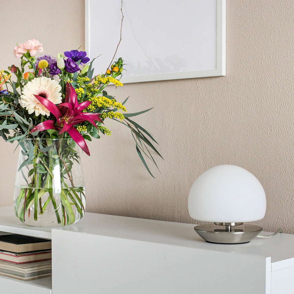 Tafellamp Ancilla 7932ST staal met wit glas en 3 stappen dimbaar