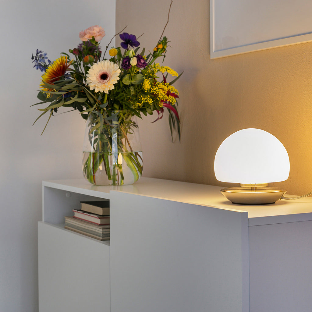 Tafellamp Ancilla 7932ST staal met wit glas en 3 stappen dimbaar