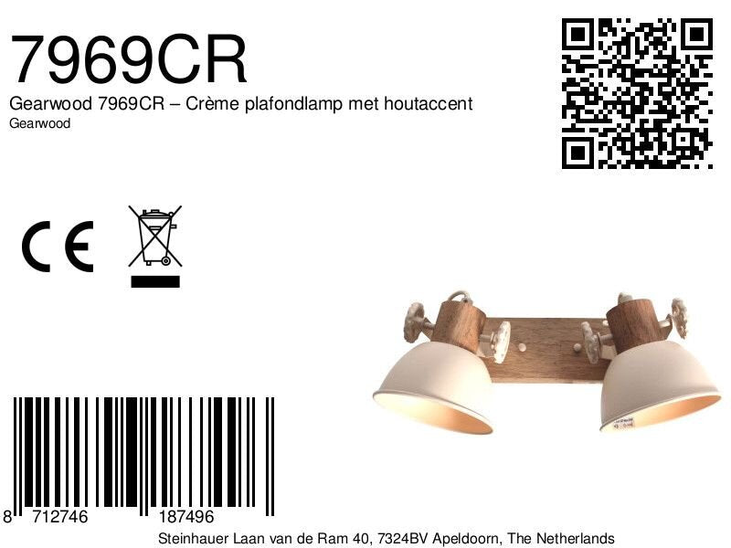 Gearwood 7969CR – Crème plafondlamp met houtaccent spot