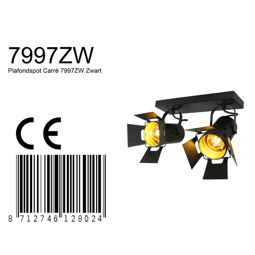 Zwarte 2 lichts plafondspot Carree 7997ZW met E27 fitting