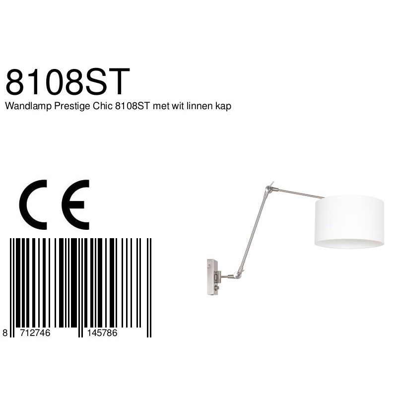 Wandlamp Prestige Chic 7396ST+K7396QS Staal-Wit Linnen