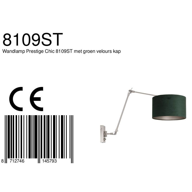 Wandlamp Prestige Chic 7396ST+K7396VS Staal-Fluweel Groen