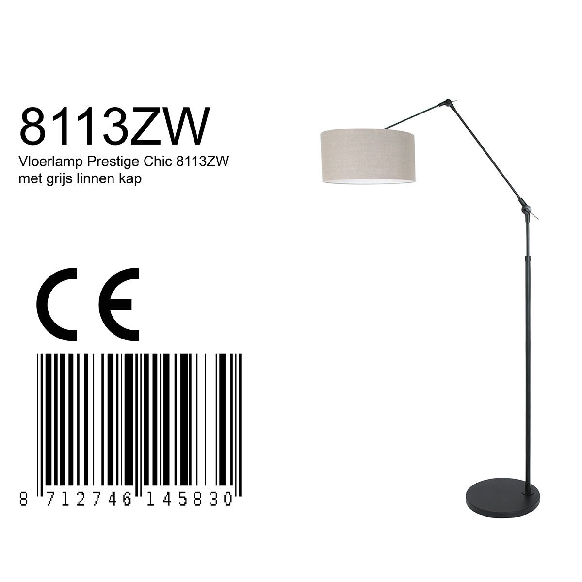 Vloerlamp Prestige Chic 7395ZW+K1068RS Zwart-Grijs Linnen