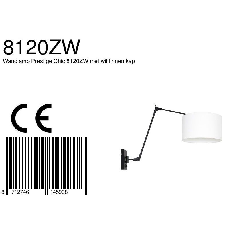 Wandlamp Prestige Chic 7396ZW+K7396QS Zwart-Wit Linnen