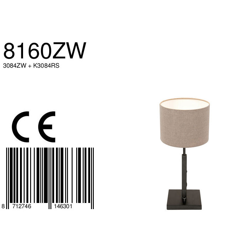 Zwarte tafellamp Stang 8160ZW met draai schakelaar en grijs grof linnen kap