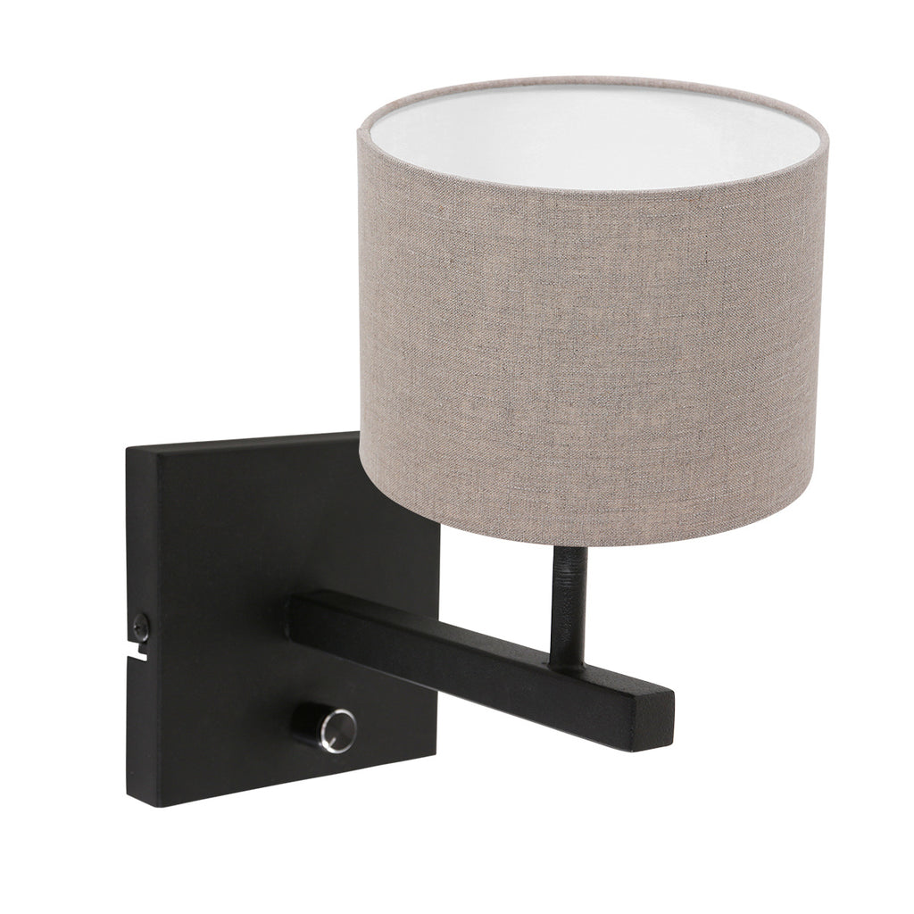 Zwarte wandlamp Stang 8172ZW met schakelaar en grijs linnen kap