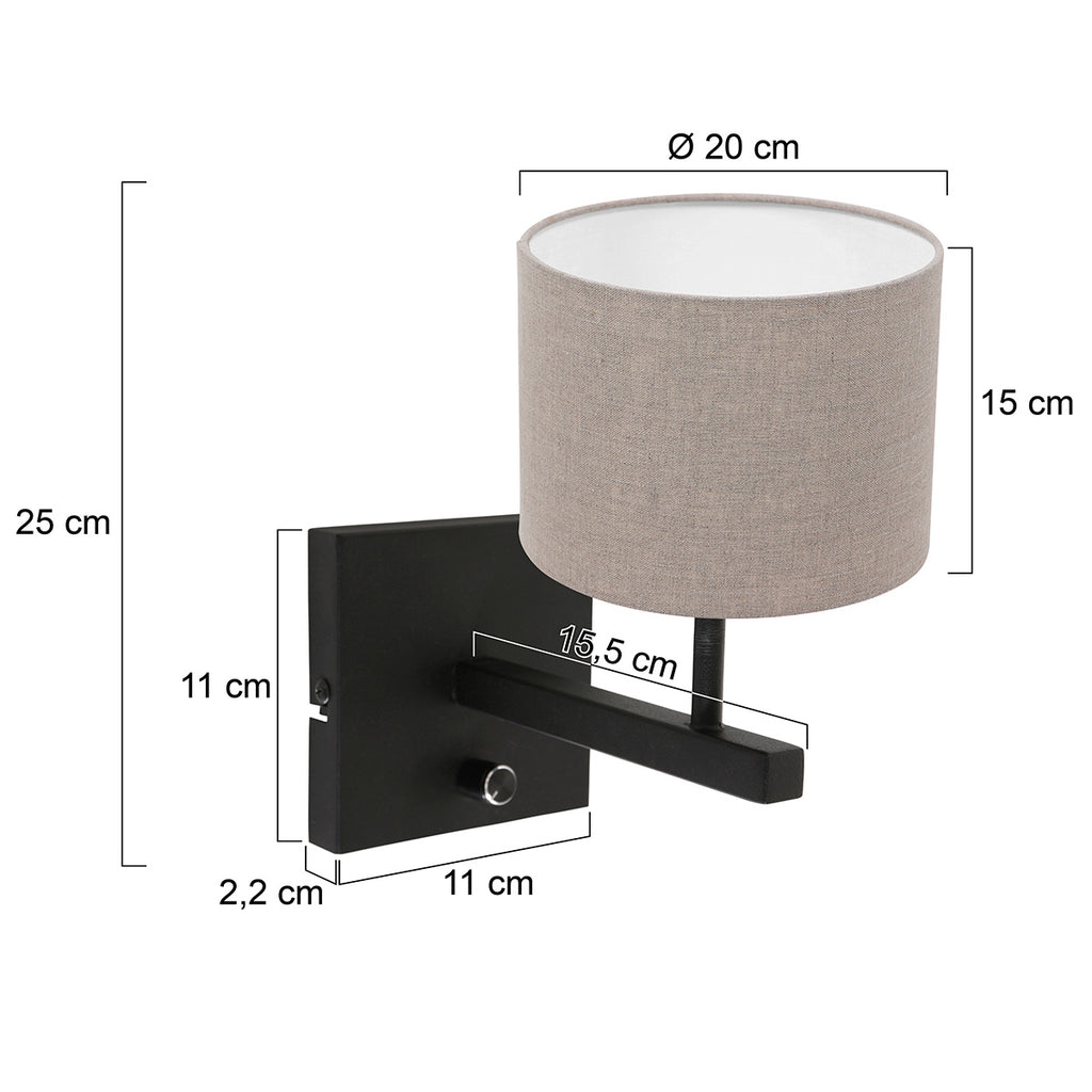 Zwarte wandlamp Stang 8172ZW met schakelaar en grijs linnen kap