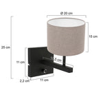 Zwarte wandlamp Stang 8172ZW met schakelaar en grijs linnen kap