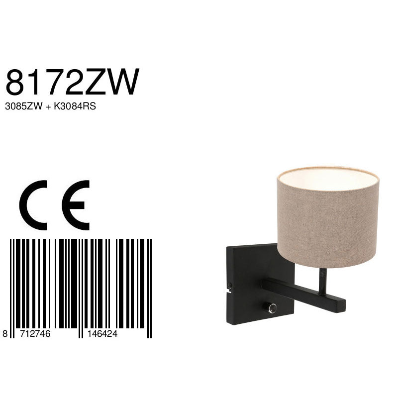 Zwarte wandlamp Stang 8172ZW met schakelaar en grijs linnen kap