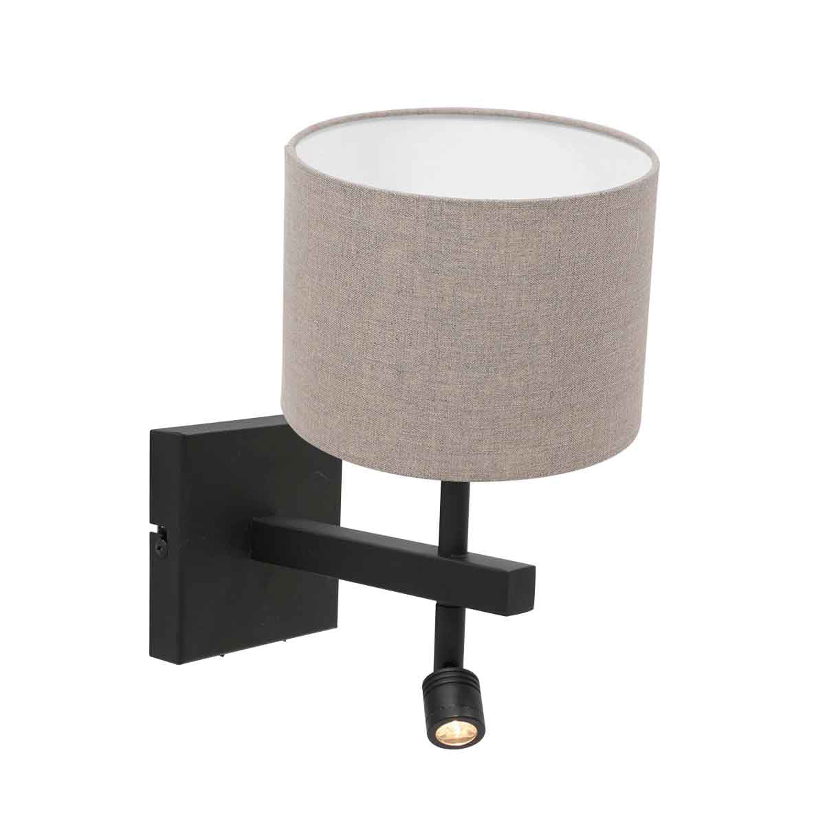 Zwarte wandlamp Stang 8203ZW met leeslamp en grijs linnen kap