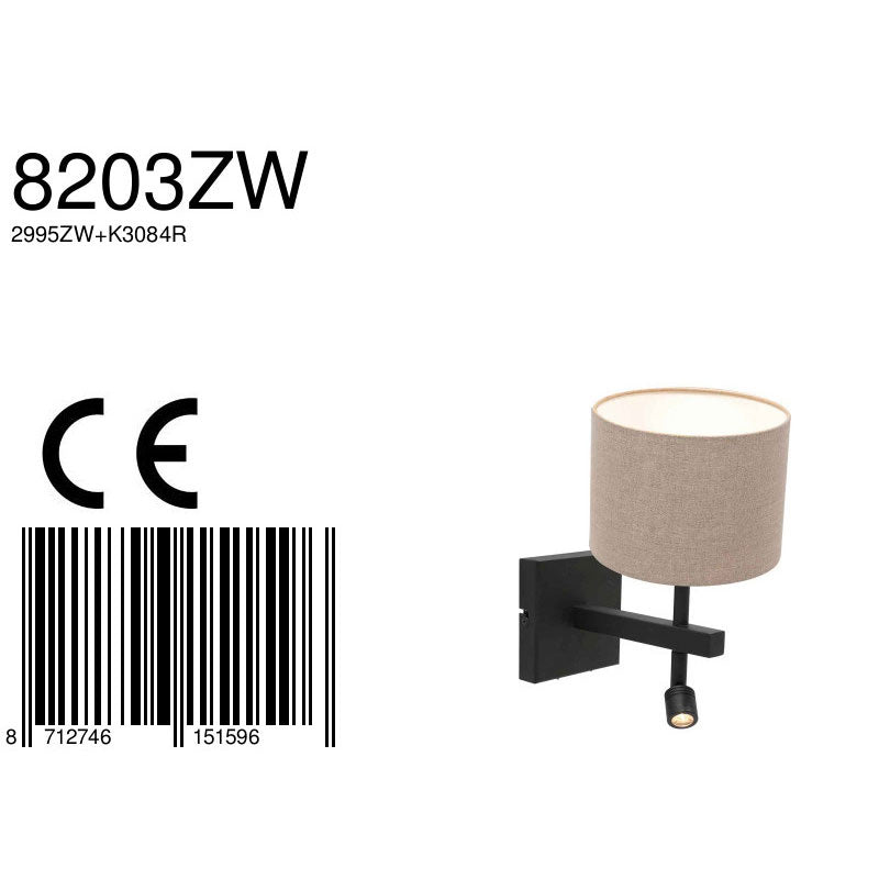 Zwarte wandlamp Stang 8203ZW met leeslamp en grijs linnen kap