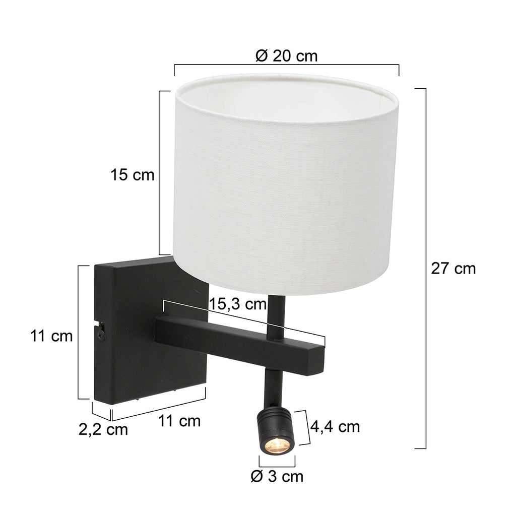 Wandlamp Stang 8204ZW Zwart + Kap Wit Linnen