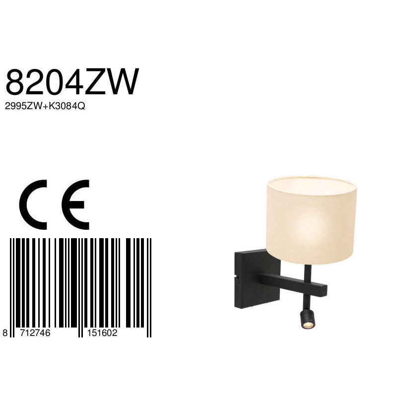 Wandlamp Stang 8204ZW Zwart + Kap Wit Linnen