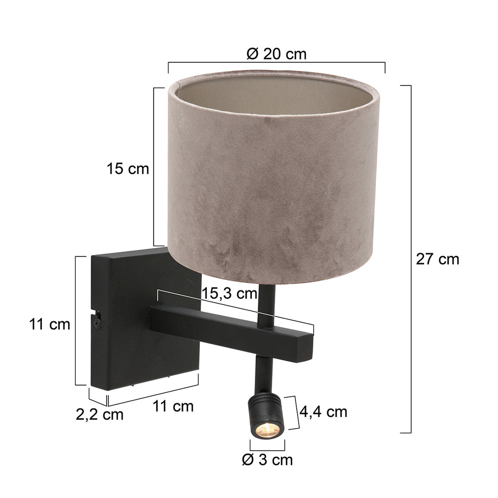Wandlamp Stang 8206ZW Zwart + Kap Velours Zilver