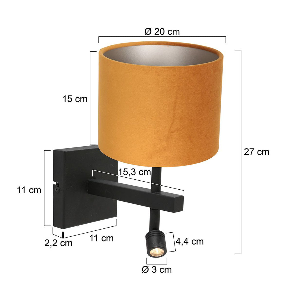 Wandlamp Stang 8207ZW Zwart + Kap Velours Goud