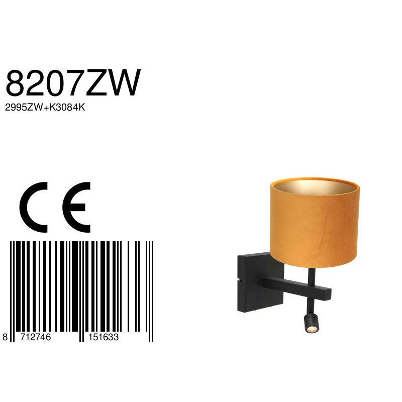 Wandlamp Stang 8207ZW Zwart + Kap Velours Goud