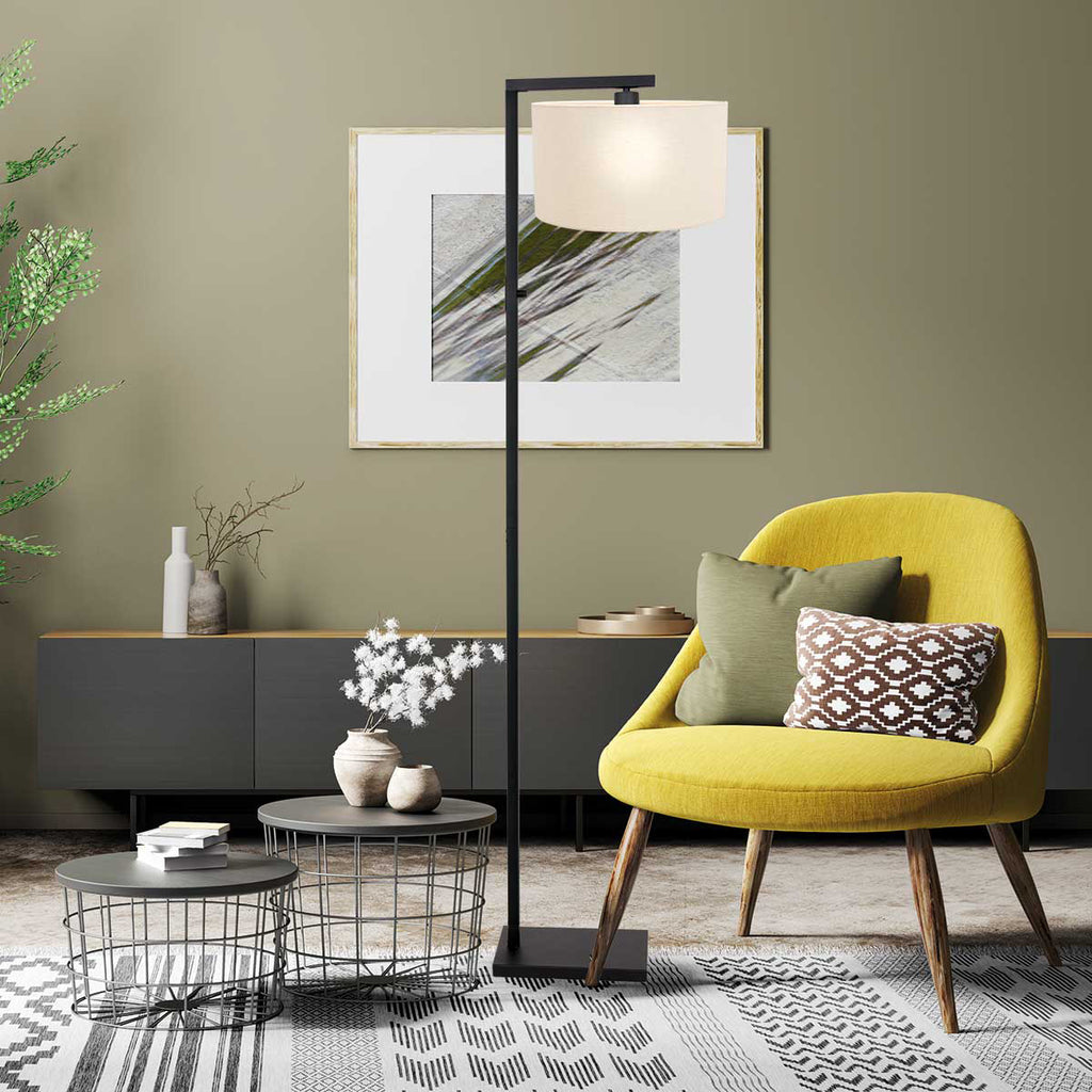 Vloerlamp Stang 8218ZW Zwart + Kap Wit Linnen