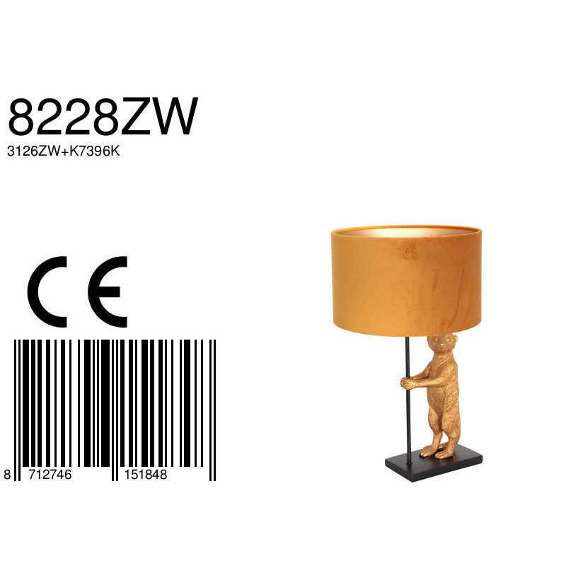 Tafellamp Animaux 3126ZW+K7396KS Zwart-Fluweel Goud