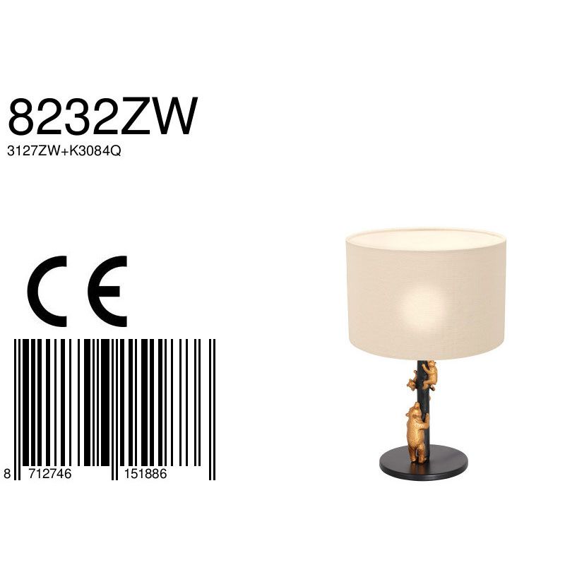 Tafellamp Animaux 3127ZW+K3084QS Zwart-Wit Linnen
