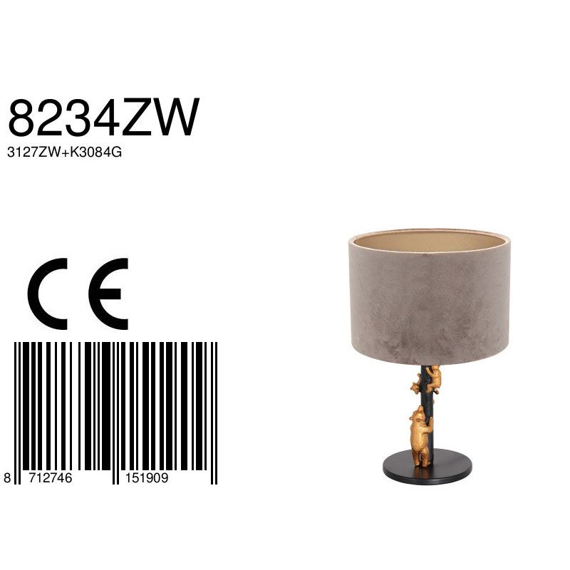 Tafellamp Animaux 3127ZW+K3084GS Zwart-Fluweel Zilver