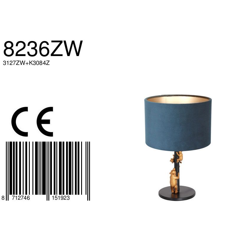 Tafellamp Animaux 3127ZW+K3084Z Zwart-Fluweel Blauw