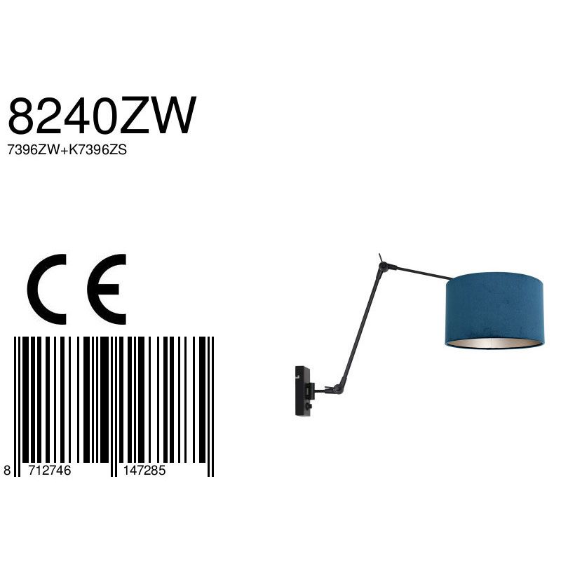 Wandlamp Prestige Chic 7396ZW+K7396ZS Zwart-Fluweel Blauw