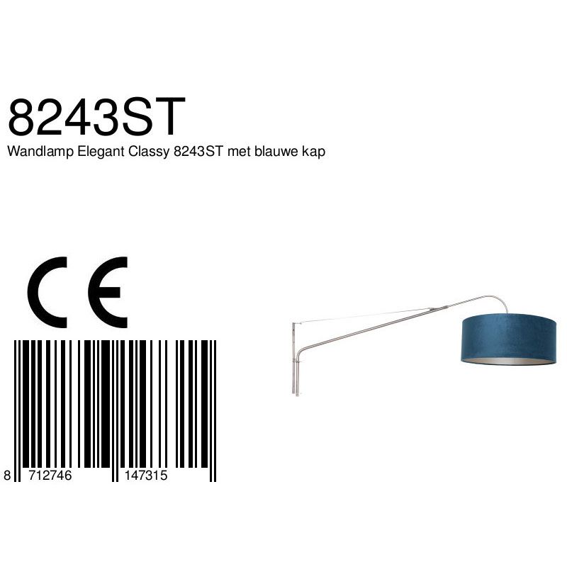 Wandlamp Elegant Classy 2574ST+K1066ZS Staal-Fluweel Blauw