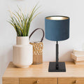Zwarte tafellamp Stang 8249ZW met draai schakelaar en blauw velours stof kap