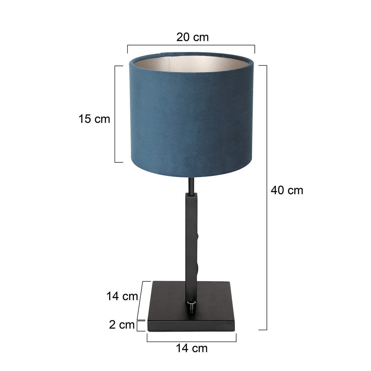 Zwarte tafellamp Stang 8249ZW met draai schakelaar en blauw velours stof kap