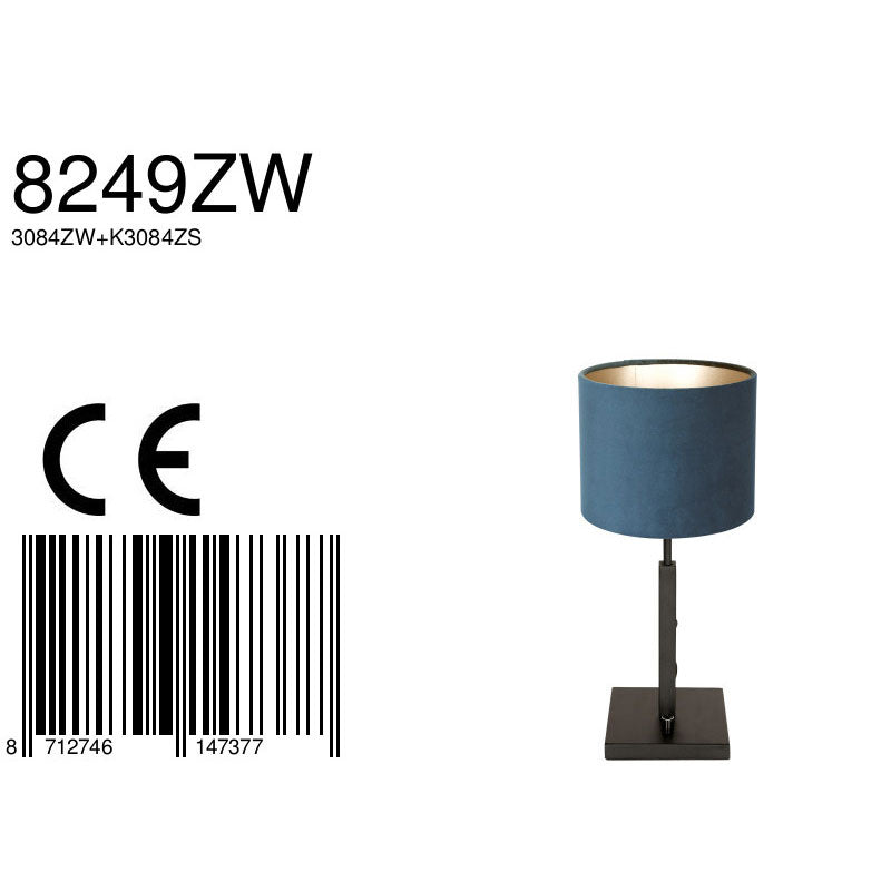 Zwarte tafellamp Stang 8249ZW met draai schakelaar en blauw velours stof kap
