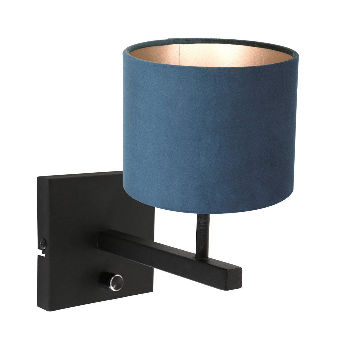 Zwarte wandlamp Stang 8251ZW met schakelaar en blauw velours stof kap