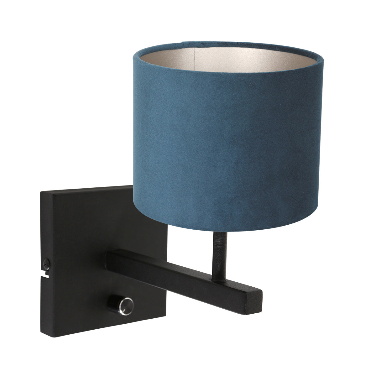 Zwarte wandlamp Stang 8251ZW met schakelaar en blauw velours stof kap
