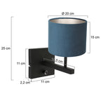 Zwarte wandlamp Stang 8251ZW met schakelaar en blauw velours stof kap