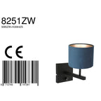 Zwarte wandlamp Stang 8251ZW met schakelaar en blauw velours stof kap