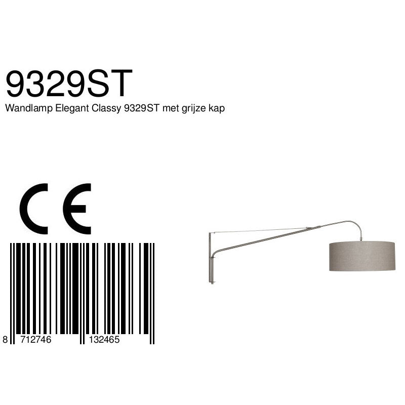 Wandlamp Elegant Classy 2574ST+K1066RS Staal-Grijs Linnen