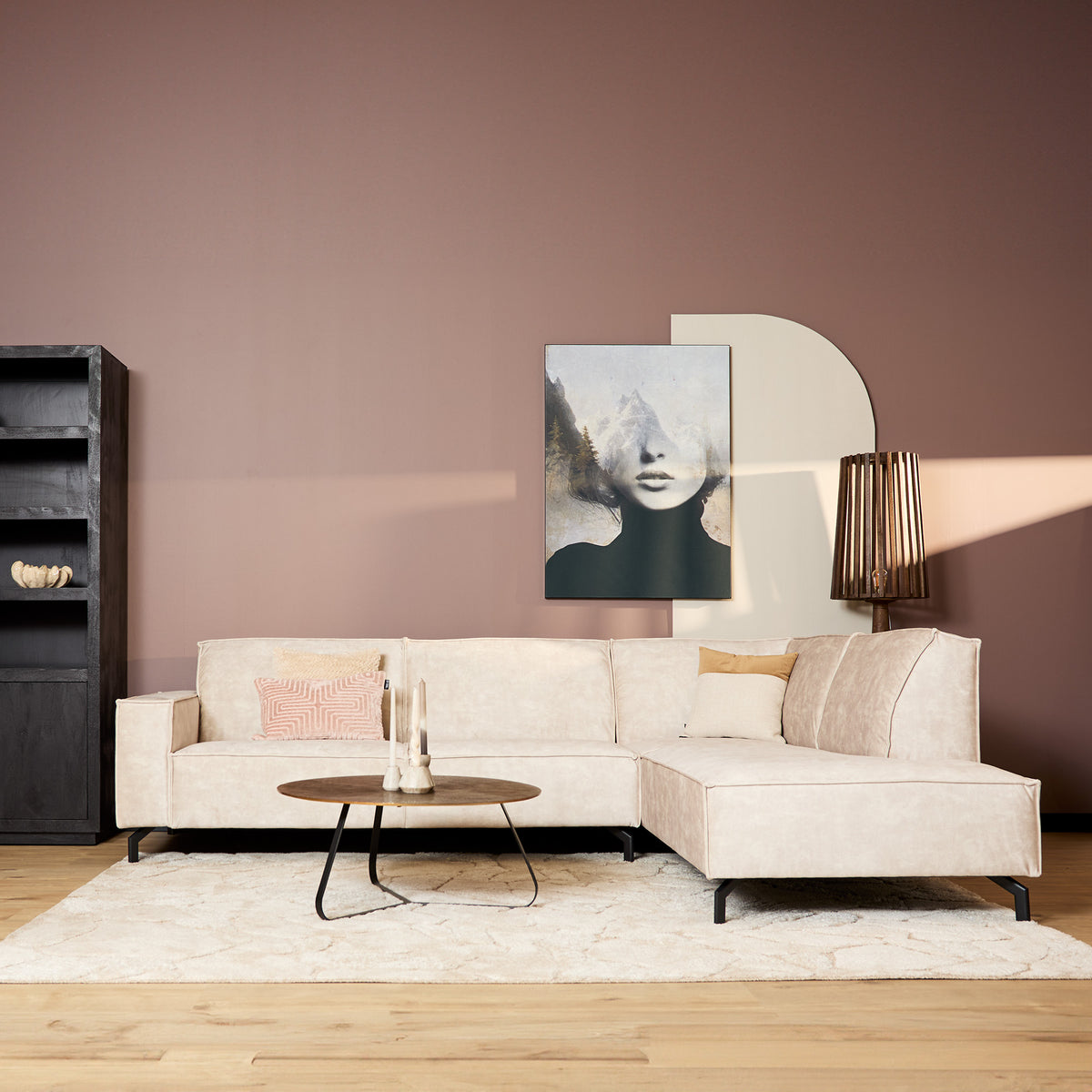 Hoekbank Floris, 2,5-zits + divan rechts, velvet beige