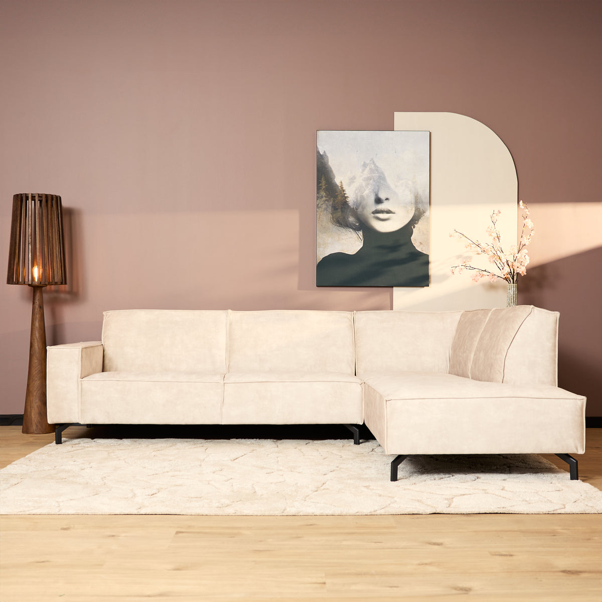 Hoekbank Floris, 2,5-zits + divan rechts, velvet beige