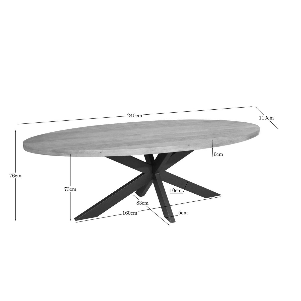 Eettafel Dakota, 240 x 110 cm, ovaal, naturel mangohout